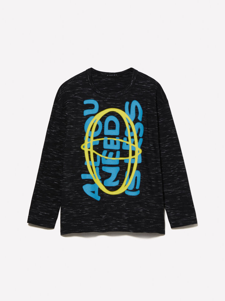 Black slub t-shirt with graffiti effect print - boys' long sleeve t-shirts - Black | Sisley Young image number 1